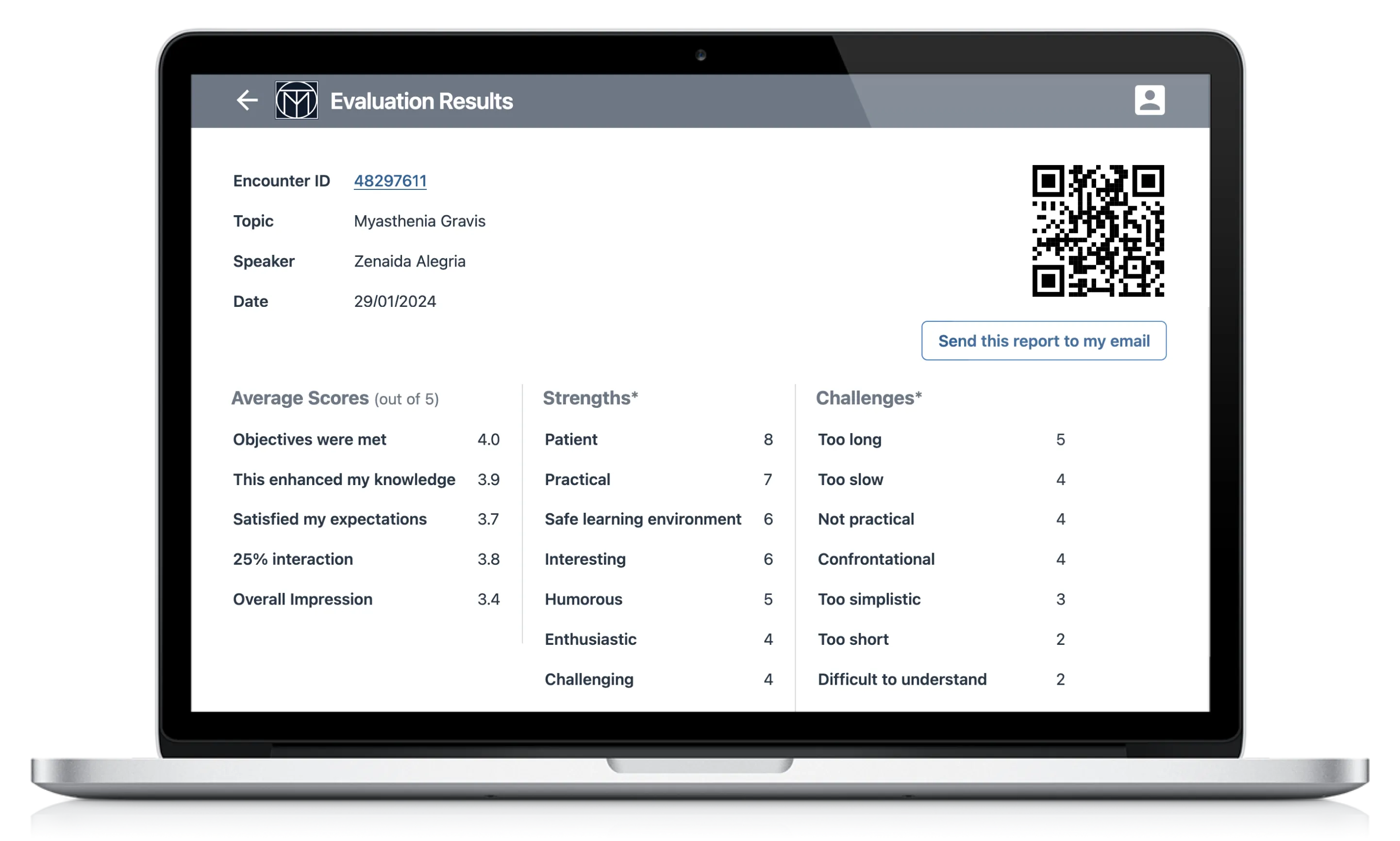 Laptop displaying an evaluation results report with scores, strengths, and challenges.