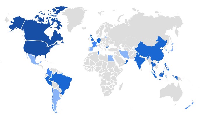 A world map highlights countries in blue, representing global presence.